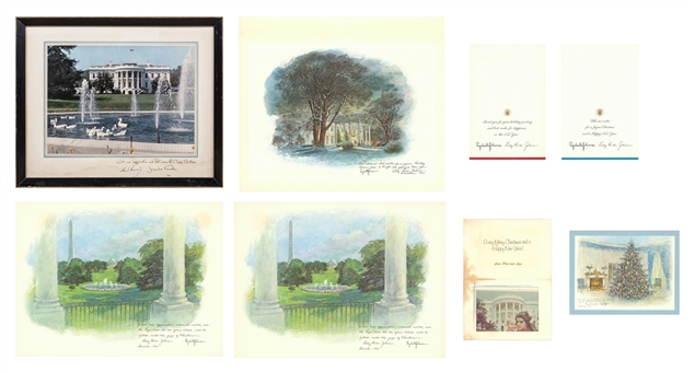 Lot of (8) White House Issued Christmas Cards from John F. Kennedy and Lyndon Baines Johnson to White house Barber Mr. and Mrs. Steve Martini (Martini Family LOA)